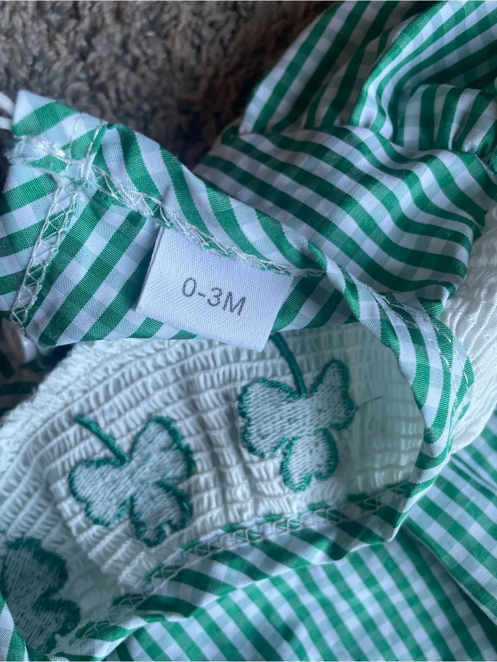 Green Gingham Smocked Baby Romper with Shamrock Embroidery